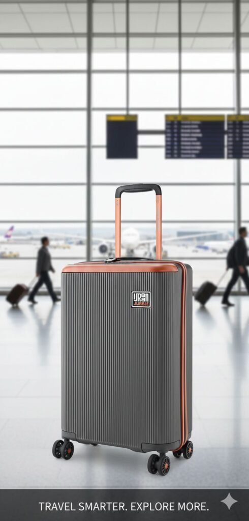 Urban Jungle charcoal grey hardside suitcase with orange trim and 360-degree spinner wheels