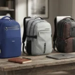 ​"Best laptop backpacks for men: A blue, grey, and brown office backpack comparison with laptops inside on a desk."