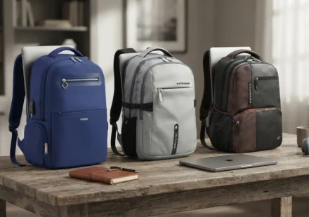 ​"Best laptop backpacks for men: A blue, grey, and brown office backpack comparison with laptops inside on a desk."