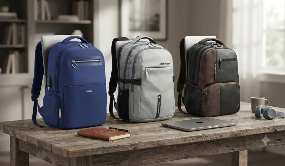 backpack for men with laptop compartment "Best laptop backpacks for men: A blue, grey, and brown office backpack comparison with laptops inside on a desk."