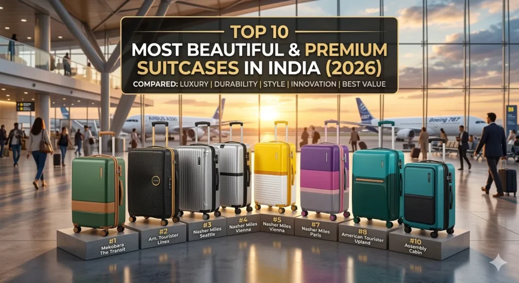 A collection of 10 luxury suitcases from brands like Mokobara and Nasher Miles displayed in a modern airport terminal.