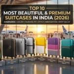A collection of 10 luxury suitcases from brands like Mokobara and Nasher Miles displayed in a modern airport terminal.