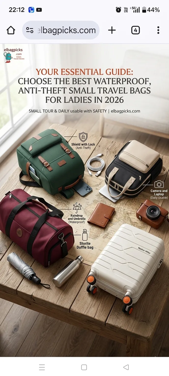 ​"Selection of waterproof and anti-theft travel bags for ladies featuring Storite duffle and Nasher Miles luggage."