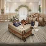 ​"Premium hardside travel luggage and wedding packing essentials including a trolley bag, leather duffel, and formal wear accessories for marriage travel."