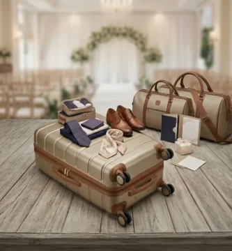 ​"Premium hardside travel luggage and wedding packing essentials including a trolley bag, leather duffel, and formal wear accessories for marriage travel."