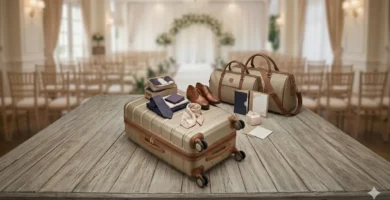 "Premium hardside travel luggage and wedding packing essentials including a trolley bag, leather duffel, and formal wear accessories for marriage travel."