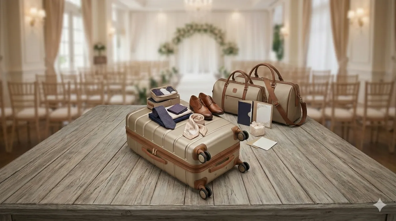 ​"Premium hardside travel luggage and wedding packing essentials including a trolley bag, leather duffel, and formal wear accessories for marriage travel."