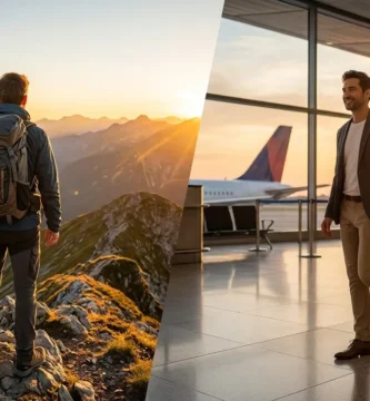 Best travel bags for 2026 showing an adventure backpacker and a traveler with a carry-on trolley bag