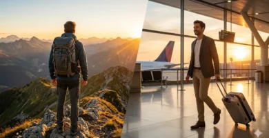 Best travel bags for 2026 showing an adventure backpacker and a traveler with a carry-on trolley bag