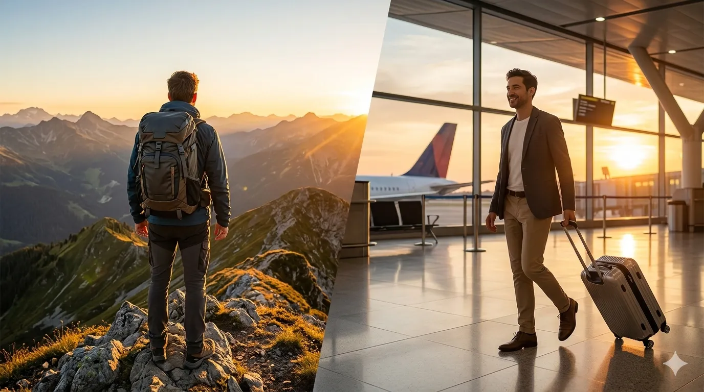 Best travel bags for 2026 showing an adventure backpacker and a traveler with a carry-on trolley bag