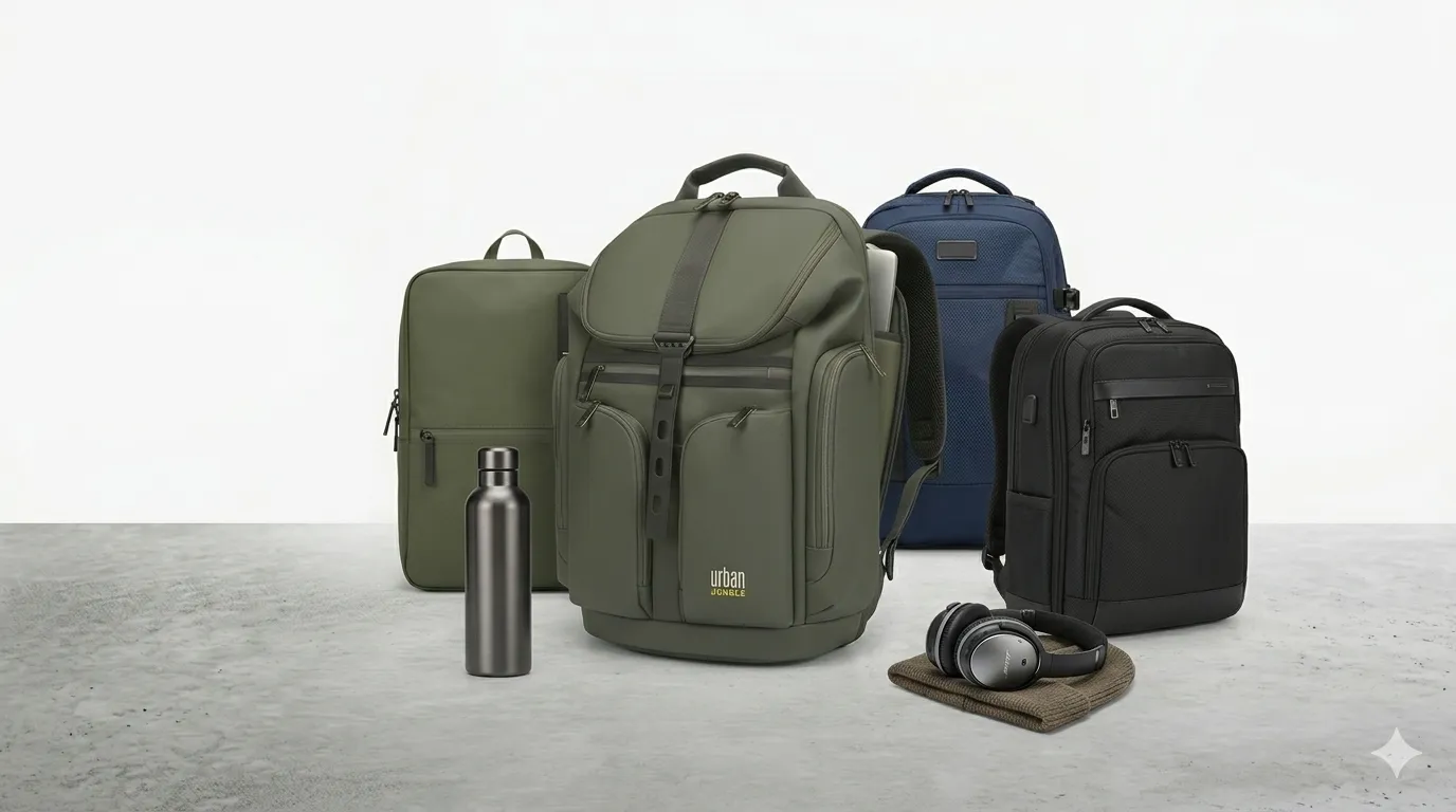 ​"Collection of stylish college backpacks including Urban Jungle Soho Workpack and premium laptop bags for students."