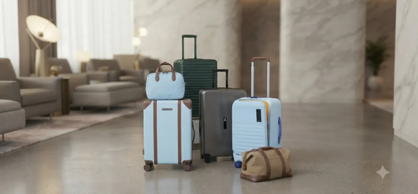 ​"Modern carry-on suitcases and travel bags displayed in a luxury airport lounge."