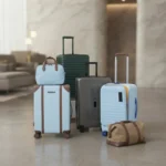 ​"Modern carry-on suitcases and travel bags displayed in a luxury airport lounge."