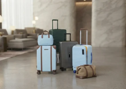 ​"Modern carry-on suitcases and travel bags displayed in a luxury airport lounge."