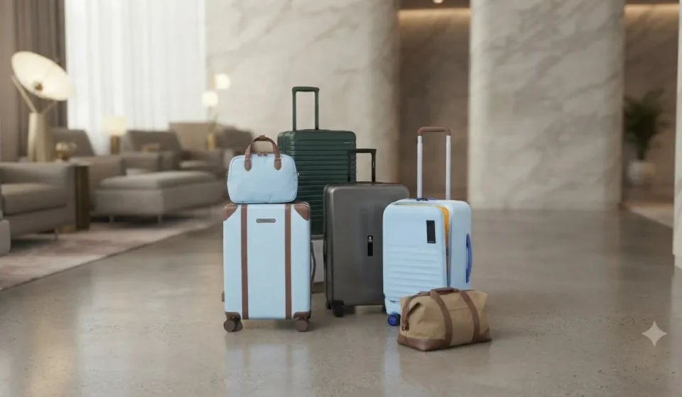​"Modern carry-on suitcases and travel bags displayed in a luxury airport lounge."