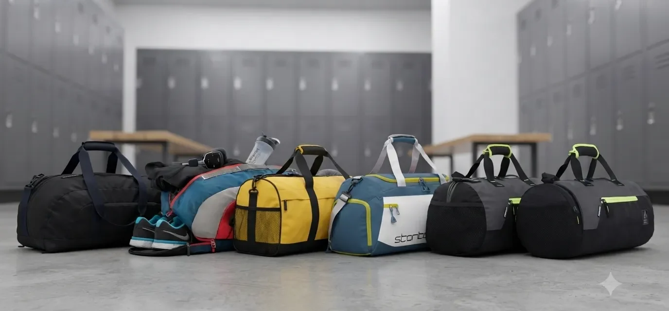 Collection of colorful athletic duffel bags with shoe compartments and storage pockets.