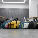 Collection of colorful athletic duffel bags with shoe compartments and storage pockets.