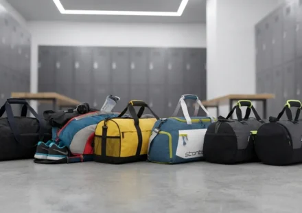 Collection of colorful athletic duffel bags with shoe compartments and storage pockets.