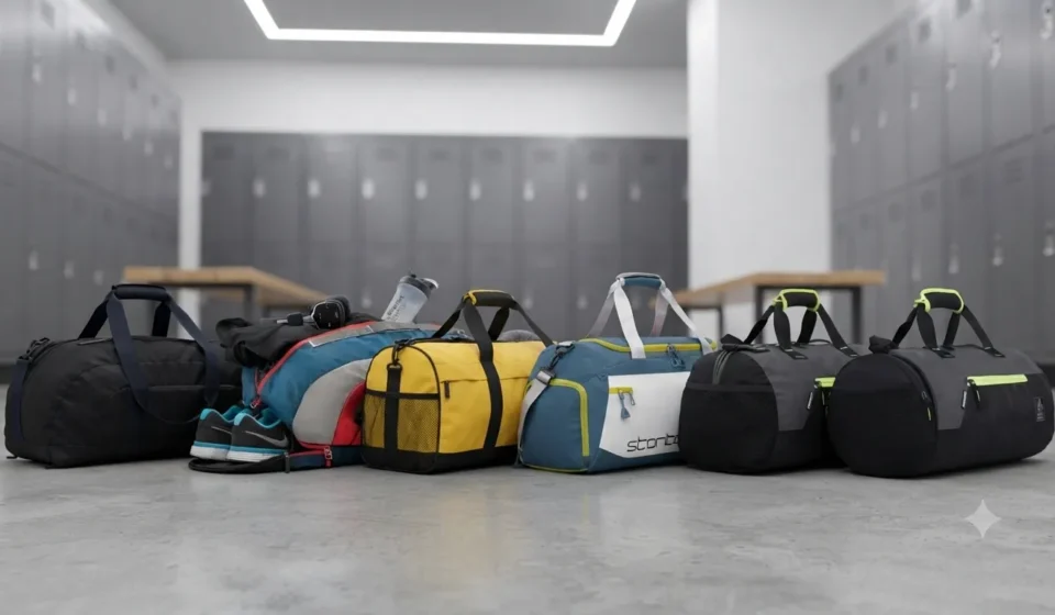 Collection of colorful athletic duffel bags with shoe compartments and storage pockets.