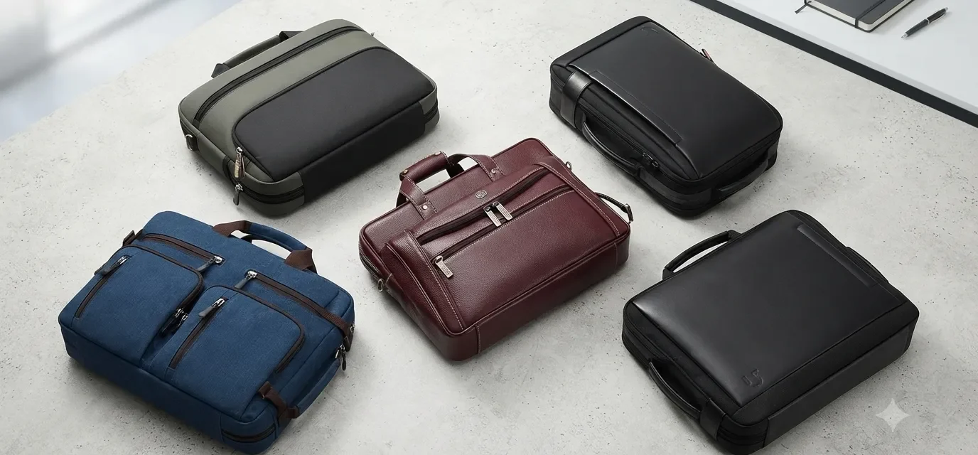 Collection of professional laptop bags and travel briefcases in various colors and styles arranged on a modern concrete surface.