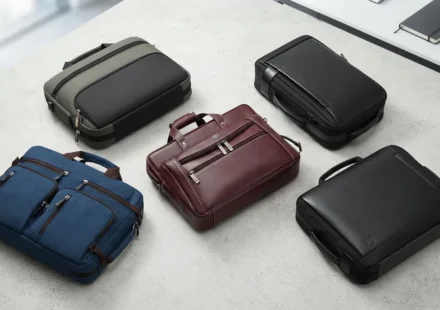 Collection of professional laptop bags and travel briefcases in various colors and styles arranged on a modern concrete surface.