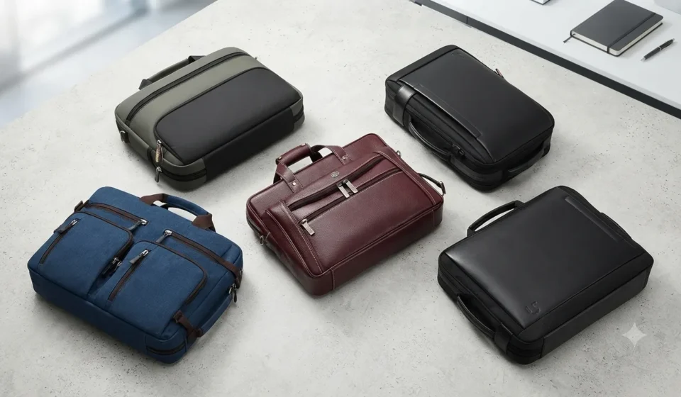 Collection of professional laptop bags and travel briefcases in various colors and styles arranged on a modern concrete surface.