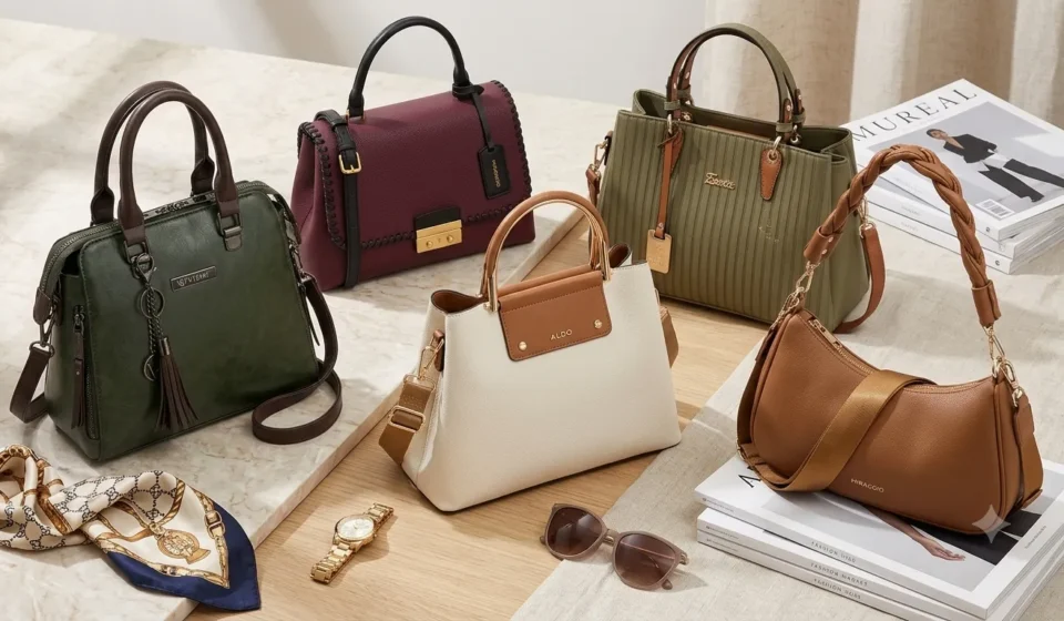 Modern collection of chic leather handbags and fashion accessories arranged for a style blog featured image.