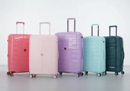 Collection of modern travel suitcases in vibrant pastel and dark colors for travel and vacation.