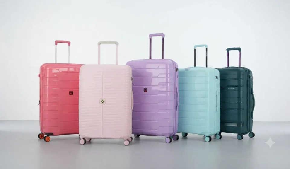Collection of modern travel suitcases in vibrant pastel and dark colors for travel and vacation.
