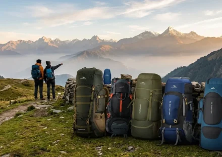 Collection of top-rated hiking rucksacks resting along a mountain trail with scenic alpine valley views.
