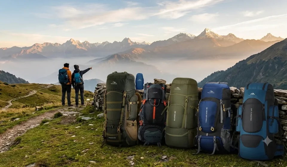 Collection of top-rated hiking rucksacks resting along a mountain trail with scenic alpine valley views.