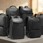 Display of various black travel and laptop backpacks on a sleek display platform.