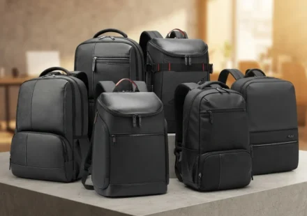 Display of various black travel and laptop backpacks on a sleek display platform.