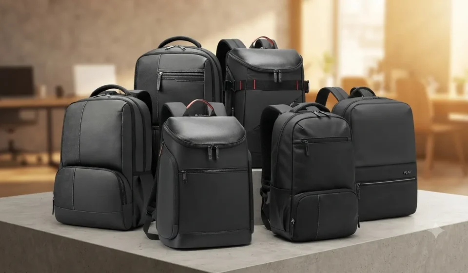Display of various black travel and laptop backpacks on a sleek display platform.
