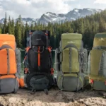 A collection of colorful rucksacks and hiking backpacks lined up on a scenic mountain rock overlooking a pristine alpine lake and forest."