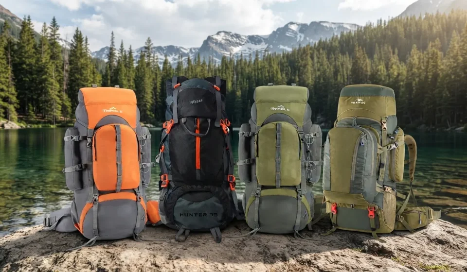 A collection of colorful rucksacks and hiking backpacks lined up on a scenic mountain rock overlooking a pristine alpine lake and forest."