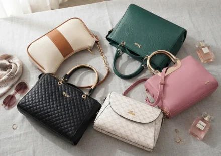 Collection of stylish women's handbags including quilted black, textured green, pink, and patterned designer purses arranged on a neutral fabric surface.