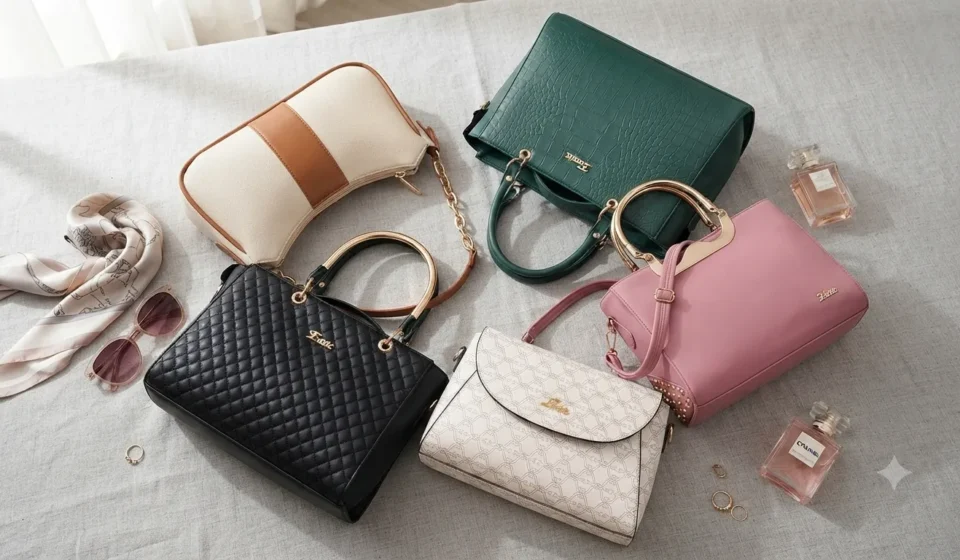 Collection of stylish women's handbags including quilted black, textured green, pink, and patterned designer purses arranged on a neutral fabric surface.