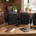 ​"A collection of premium leather and durable waterproof travel sling bags and crossbody messengers displayed on a rustic wooden table with lifestyle accessories."