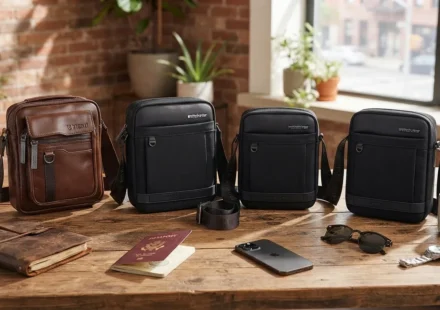 ​"A collection of premium leather and durable waterproof travel sling bags and crossbody messengers displayed on a rustic wooden table with lifestyle accessories."