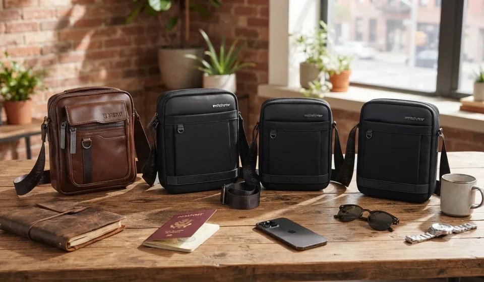 ​"A collection of premium leather and durable waterproof travel sling bags and crossbody messengers displayed on a rustic wooden table with lifestyle accessories."