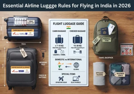 Essential airline luggage rules in India showing cabin bag dimensions, checked baggage limits, and travel packing guidelines.