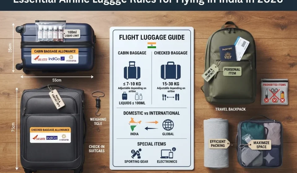 Essential airline luggage rules in India showing cabin bag dimensions, checked baggage limits, and travel packing guidelines.