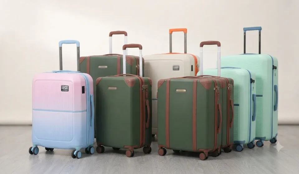 Modern rolling suitcase and luggage sets in various colors displayed together for travel.