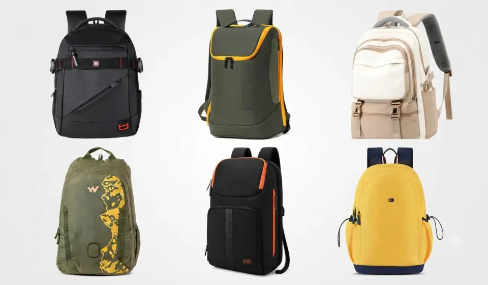 Collection of stylish modern backpacks in various colors and designs for travel and college