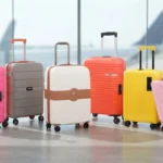 A collection of colorful hardside spinner luggage suitcases arranged neatly in a bright modern airport terminal with airplane views in the background.