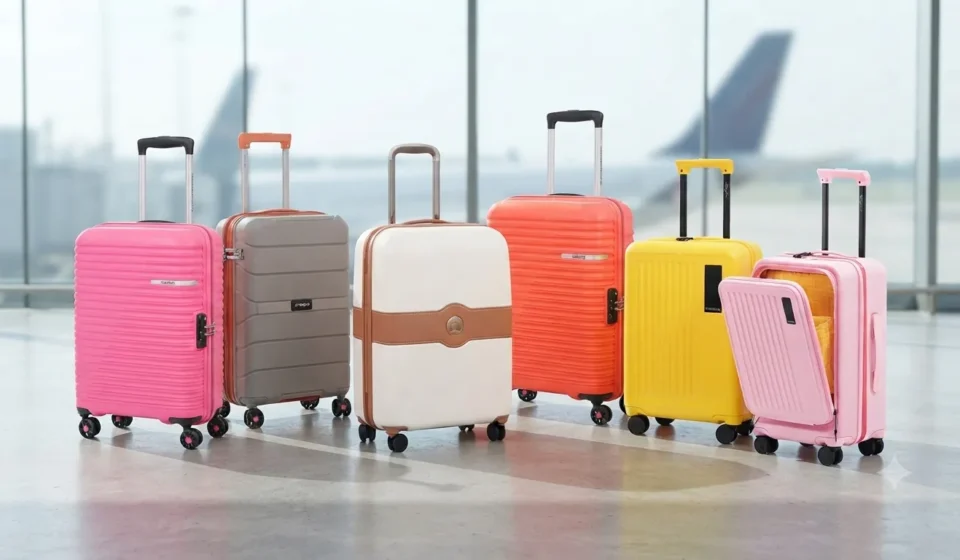 A collection of colorful hardside spinner luggage suitcases arranged neatly in a bright modern airport terminal with airplane views in the background.