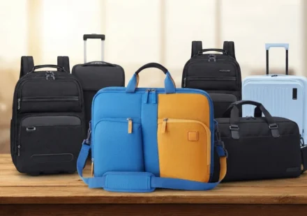 Collection of travel bags and luggage on a wooden table, including a blue and orange laptop bag, black backpacks, and a blue suitcase.