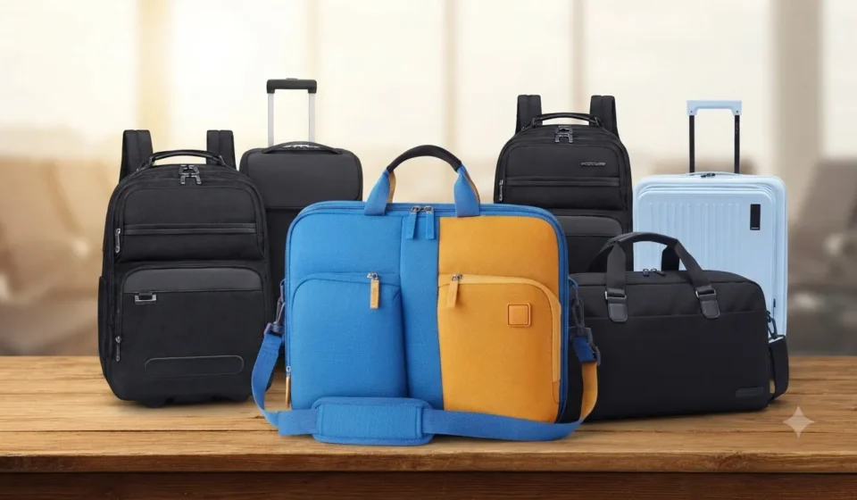 Collection of travel bags and luggage on a wooden table, including a blue and orange laptop bag, black backpacks, and a blue suitcase.