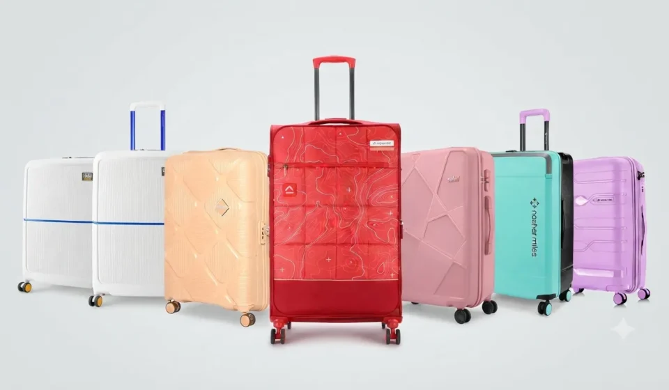 Colorful collection of modern hard-shell travel luggage and trolley suitcases lined up against a light background